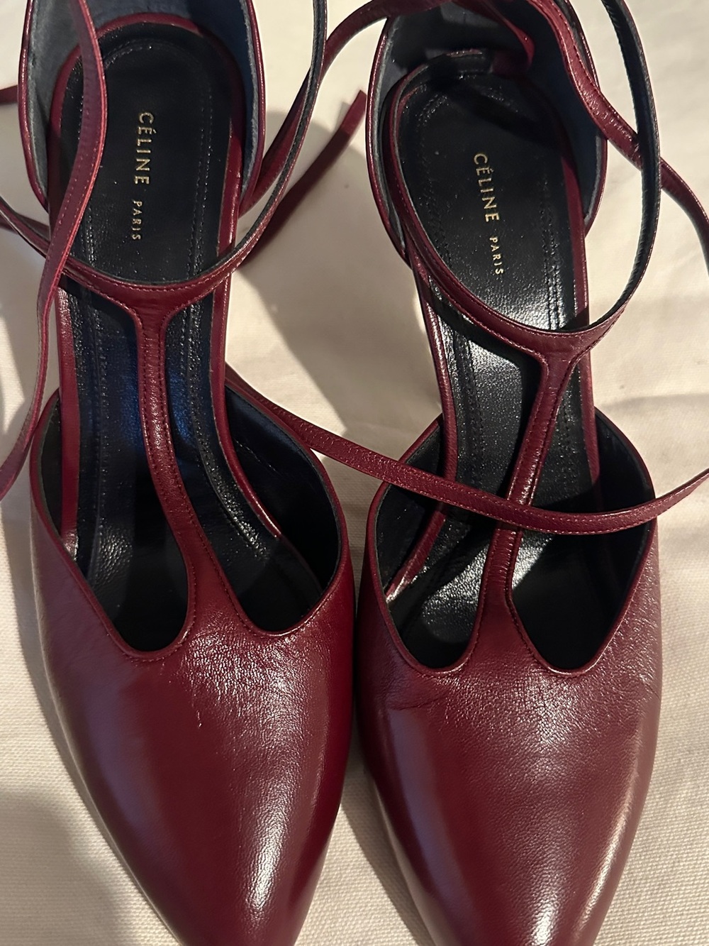 Celine Burgundy Leather T-Strap Wrap Heels - Picture 5 of 15